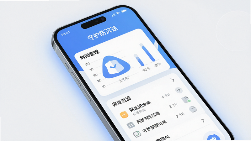 主体为一部现代智能手机,屏幕显示“守护防沉迷”应用界面,布局清晰,包含时间管理图表和网址过滤列表,排版简洁大方,风格为扁平化设计,细节处有柔和的蓝色光晕,画质高清,干净无多余元素,文字清晰可见