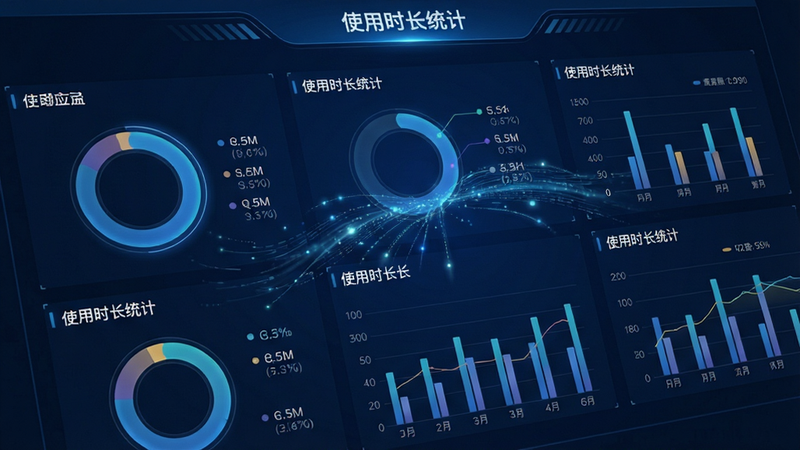主体为数据分析仪表盘,背景为深蓝色科技风,布局包含多个环形图表和柱状图,展示不同应用的使用时长比例,排版紧凑有序,风格专业严谨,细节有数据流动的光效,画质极清,干净无杂乱元素,文字标注