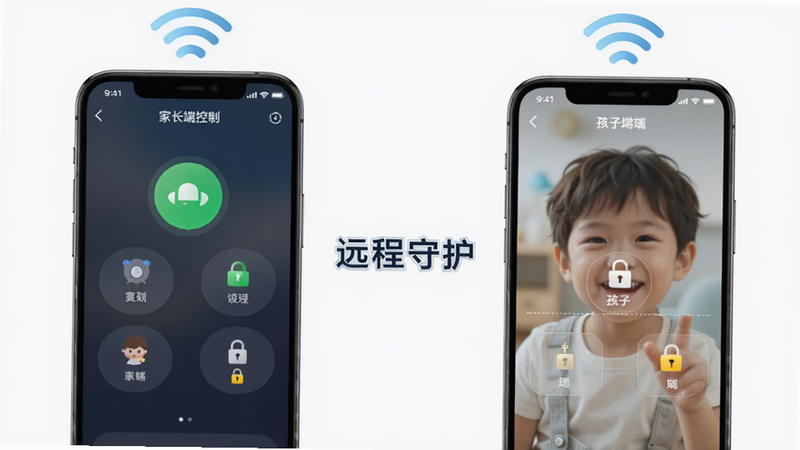 主体为两部手机,一部显示家长端控制界面,一部显示孩子端被锁定界面,布局为左右对比,排版对称,风格为现代数码风,细节有无线信号连接图标,画质高保真,干净无背景杂物,文字标注
