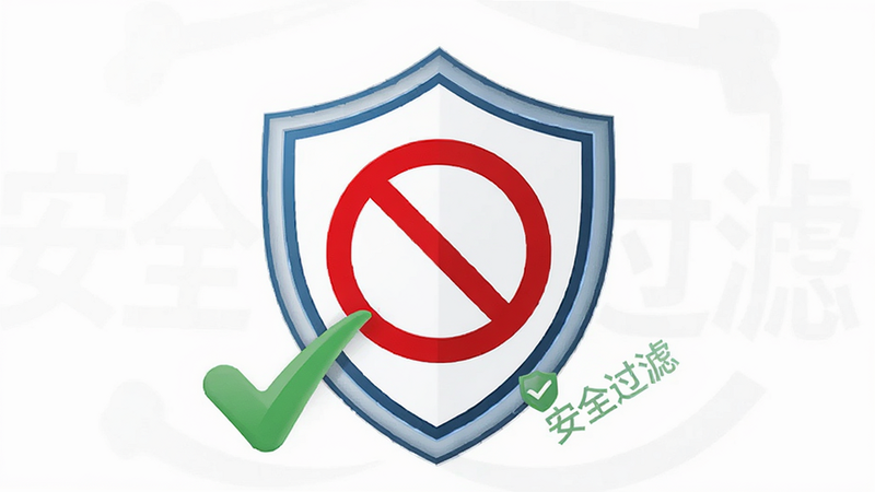 主体为一个盾牌图标,中间有禁止符号,背景为白色,布局居中,排版简约,风格为安全防护主题,细节处有绿色对勾表示拦截成功,画质清晰,干净无多余装饰,文字标注