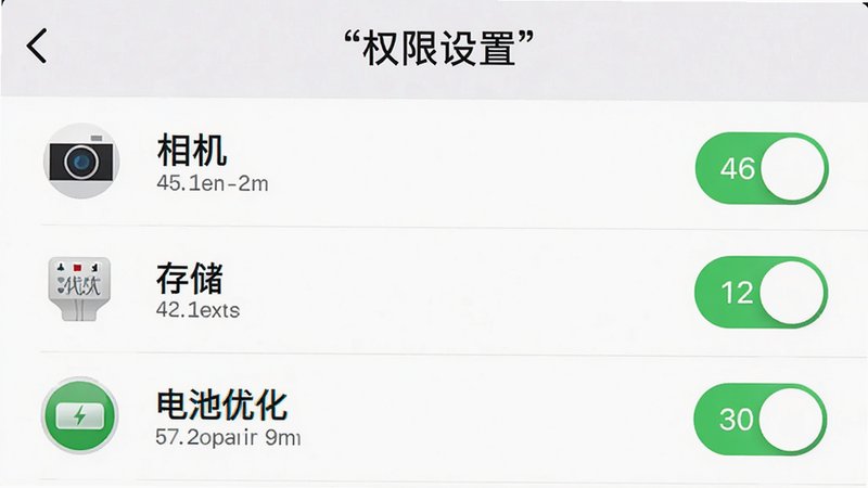 主体为手机设置界面截图,布局展示权限管理选项,排版清晰列出相机、存储、电池优化三项,风格为简洁UI设计,细节突出“允许”开关状态,画质高清,干净无多余元素,文字“权限设置”加引号