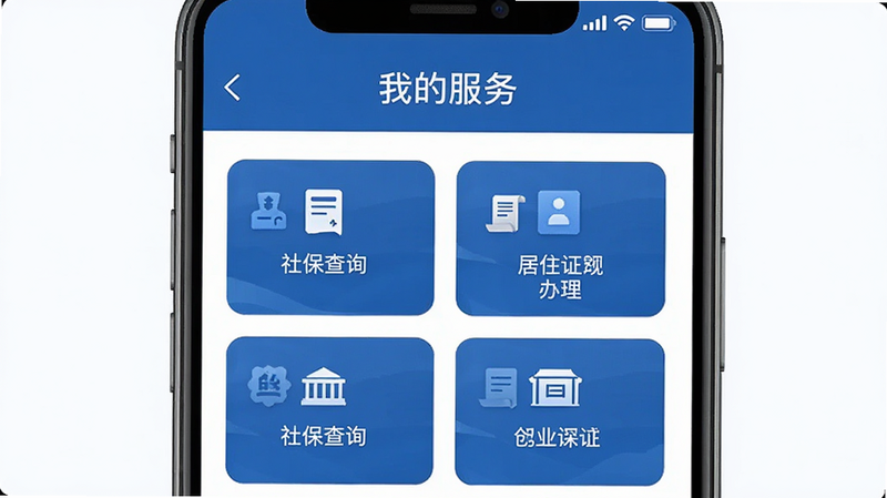 ��桰����������������������UI���ͼ������Ϊ�ֻ����棬�Ϸ���ʾ���ҵķ��񡱱��⣬�·��г����籣��ѯ��������ס֤�������ȿ�Ƭʽ�˵���������ɫ��Ϊ���������Ű���������������������ٷ���רҵ������ϸ�壬�����ұ���
