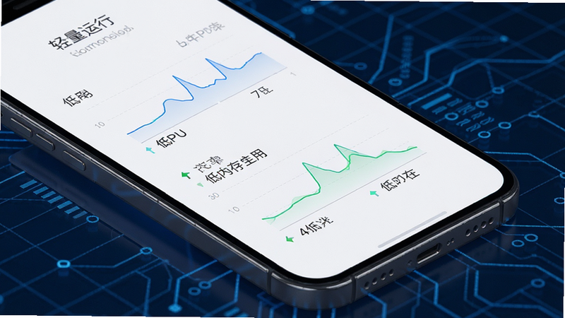 主体为手机后台运行数据图表,显示低CPU占用和低内存占用,背景为深蓝色科技网格,风格专业简洁,高清画质,无多余元素,文字标注“轻量运行”