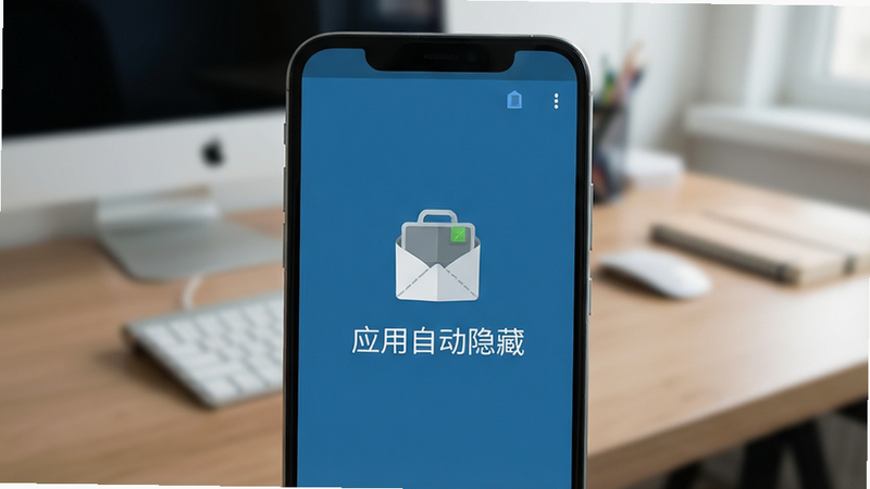 主体为安卓手机正面特写,屏幕显示“应用自动隐藏”APP界面,背景为模糊的办公桌面,风格简洁现代,扁平化设计,高清画质,无多余元素,文字清晰可见“应用自动隐藏”