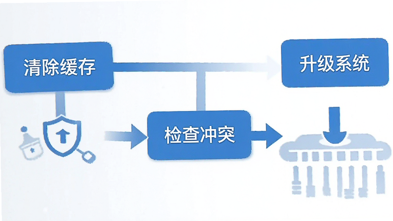 主体为手机故障排查流程图,包含“清除缓存”、“检查冲突”、“升级系统”三个步骤,箭头连接,风格简洁,蓝色调,高清画质,无多余元素,文字清晰标注每一步骤