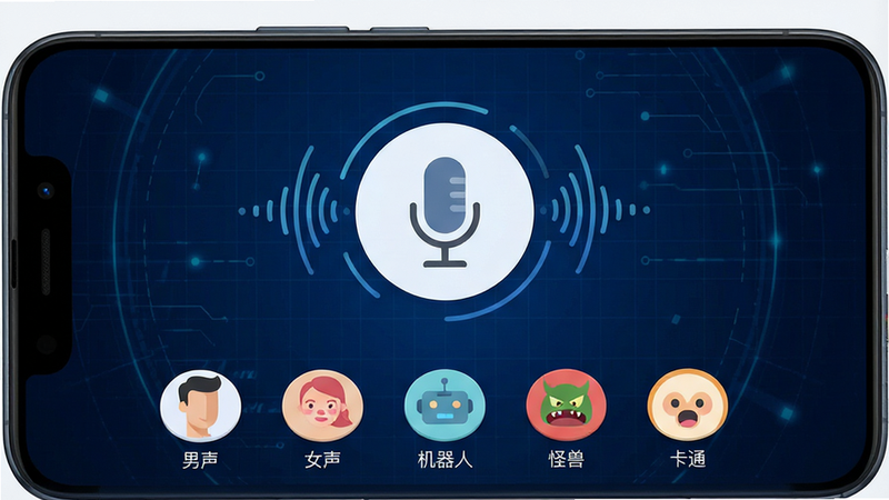 一张展示“即时变声器”安卓应用主界面的高质量UI设计图。主体为手机屏幕,背景为深蓝色科技感网格。界面中央显示一个巨大的圆形麦克风图标,周围环绕着声波动画。底部排列着五个清晰的变声音色按钮,分别标注为“男声”、“女声”、“机器人”、“怪兽”、“卡通”。整体风格现代简约,扁平化设计,高清渲染,无多余装饰元素,干净利落。