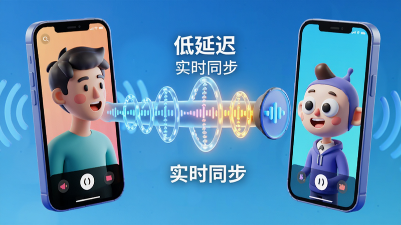 概念图,展示两个手机通过无线信号连接,中间有一个发光的音波管道。左侧手机显示一个人正在说话,右侧手机显示一个卡通角色接收声音。文字标注“低延迟”、“实时同步”。风格为3D渲染,明亮色调,科技感强,细节丰富,画质清晰。