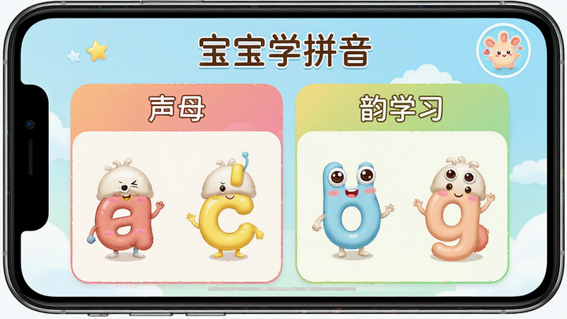����Ϊ�ֻ���Ļ��ʾ������ѧƴ����APP���棬����������Ϊ��ĸ����ĸѧϰ�����Ű����룬��ͨ���ɫ��������ܰ��ϸ�ڰ����ɰ���ƴ����ĸ��ͨ���󣬻��ʸ��壬�ɾ����޶���Ԫ��