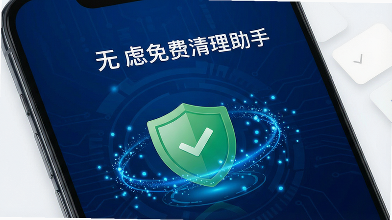一张展示手机屏幕的高清UI设计图,屏幕中央显示“无虑免费清理助手”的启动界面,背景为深蓝色科技风,前景有一个绿色的盾牌图标代表安全,周围环绕着代表数据清理的蓝色光效粒子,整体布局简洁大气,突出软件名称与核心功能,画质清晰,无多余元素