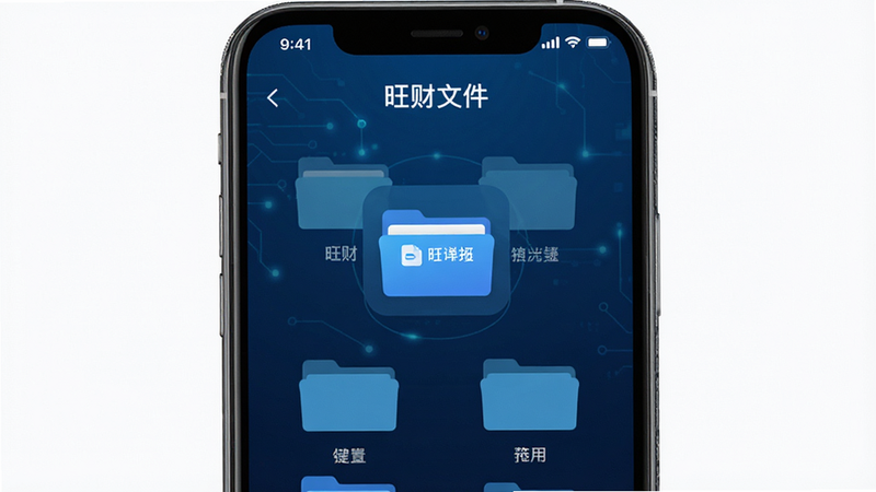 主体为现代极简风格的智能手机,屏幕居中显示“旺财文件”APP界面,界面采用深蓝色科技感背景,白色文字清晰展示文件夹分类图标,布局整洁,扁平化设计,无多余装饰,高清,8k,干净,无多余元素