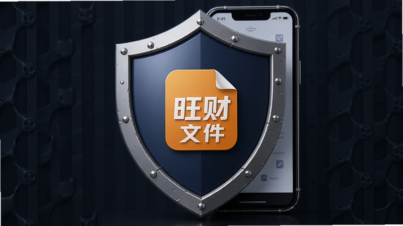 主体为安全盾牌图标与手机结合的设计,背景为深色调,盾牌中心显示“旺财文件”Logo,布局稳重,风格专业,细节精致,高清,干净,无多余元素