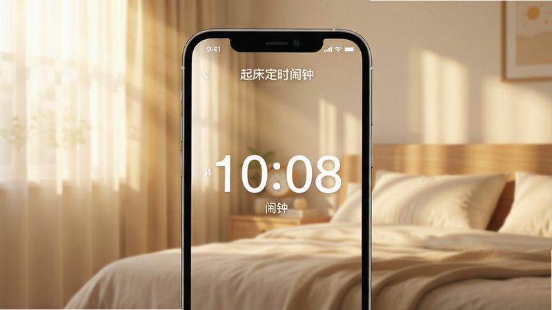 一张展示“起床定时闹钟”APP界面的高清概念图,主体为手机屏幕,屏幕中央显示巨大的数字时钟,背景是柔和的晨光卧室场景,布局简洁现代,排版清晰,风格温馨治愈,细节丰富如阳光透过窗帘,画质高清,干净,无多余元素,文字包含