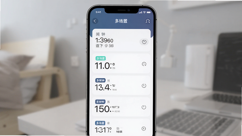 展示手机界面上多个闹钟列表的设置页面,主体为UI界面,布局垂直排列,排版整齐,风格科技感与人文结合,细节显示不同的时间标签,画质清晰,干净,无多余元素,文字包含