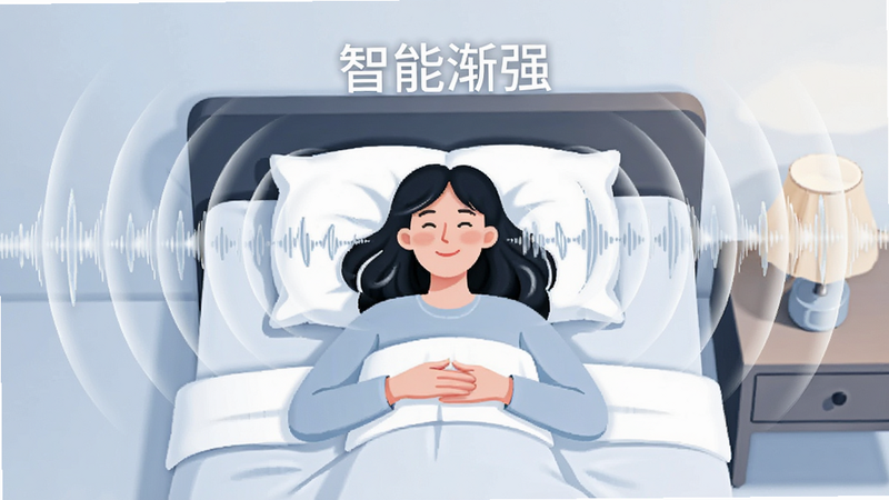 描绘一个人躺在床上舒适醒来的插画,周围环绕着声波扩散的视觉效果,主体为人物与声波,布局中心对称,排版平衡,风格清新简约,细节表现声波的层次感,画质细腻,干净,无多余元素,文字包含