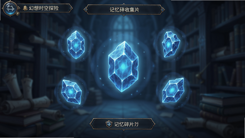 幻想时空探险游戏内记忆碎片收集界面,画面中漂浮着几块发光的蓝色晶体,形状不规则,周围有淡淡的光晕,背景是模糊的图书馆场景,营造出神秘和悬疑的氛围,色调偏冷,细节精致,高清画质