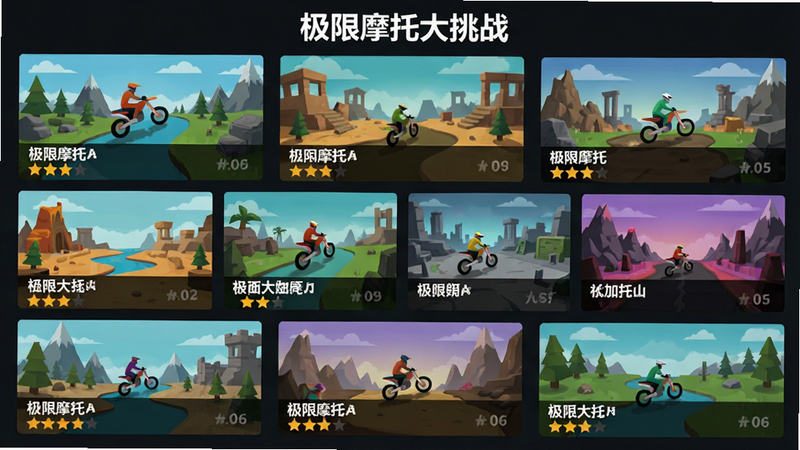 展示游戏地图选择界面,主体为多个不同风格的关卡缩略图排列,布局网格状,风格扁平化UI设计,细节显示关卡名称和难度星级,画质高清,干净,文字