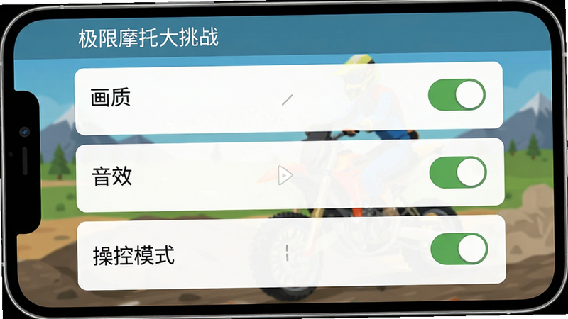 手机屏幕显示游戏设置界面,主体为画质、音效、操控模式选项,布局列表式,风格简洁扁平,细节显示开关按钮状态,画质清晰,干净,文字