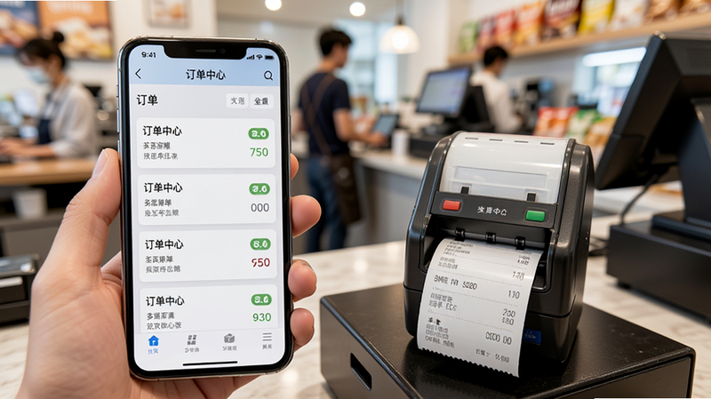 手机屏幕显示“订单中心”页面,多个订单状态清晰可见,旁边有一台正在打印小票的热敏打印机,场景为忙碌的柜台,光线明亮,体现高效工作流,高清,细节丰富