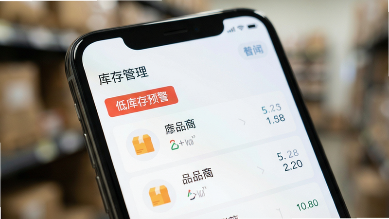 手机屏幕特写,显示库存管理界面,包含“低库存预警”红色标签和商品列表,界面设计扁平化,清晰直观,背景虚化处理,突出屏幕内容,高清,干净
