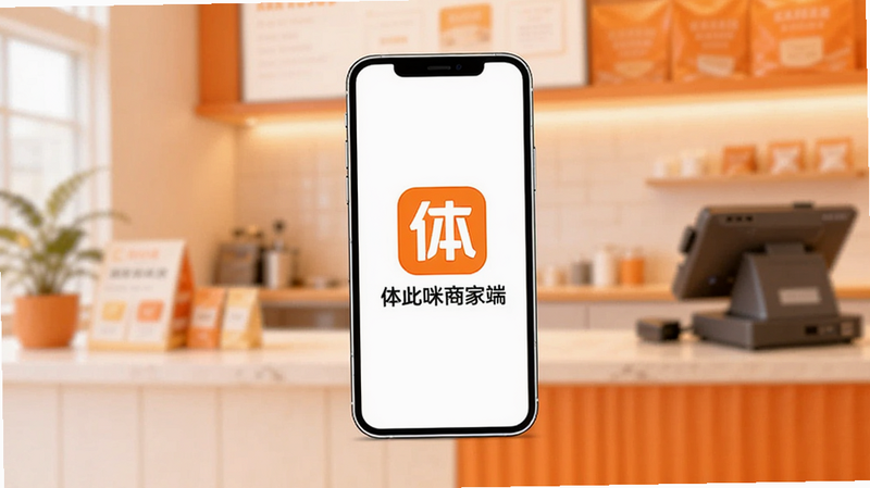 一张现代简约风格的数码插画,主体为一部竖屏智能手机,屏幕界面显示着“体此咪商家端”的应用Logo,背景是模糊的温馨店铺柜台,色调以暖橙色和白色为主,体现商业服务氛围,高清,无多余元素