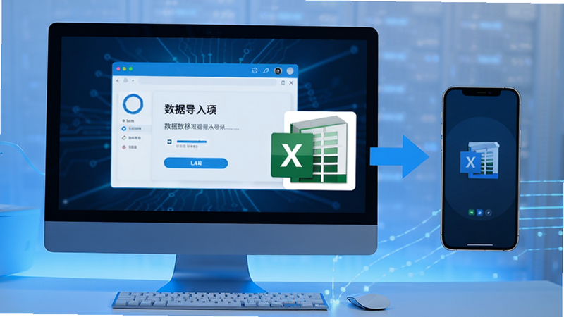 电脑屏幕显示数据导入界面,旁边有Excel表格图标和箭头指向手机端,象征数据迁移过程,风格科技感,蓝色调,干净,无多余元素