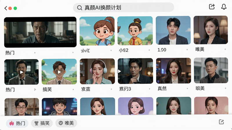 һ�����񲼾ֵ��ز�ѡ����棬չʾ�˶����ͬ����Ƶ����ͼ��������Ӱ��������ͨ�������ʵ������涥������������ʾ������AI���ռƻ������ײ��з����ǩ�硰���š�������Ц������Ψ������ɫ�ʷḻ�������ң������زķḻ�ԣ�����UI��ƣ������ִ���