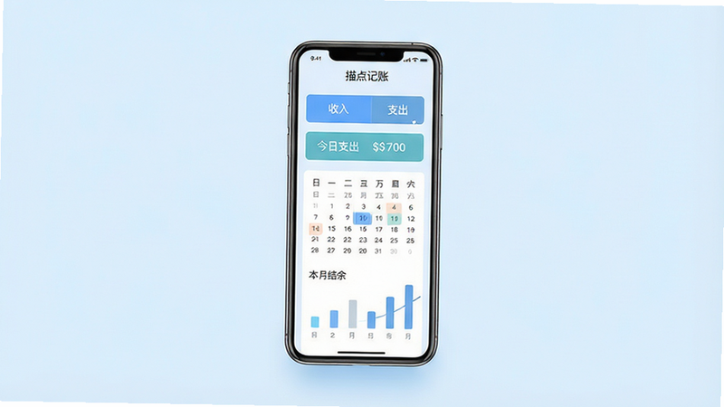 主体为一款名为“描点记账”的手机应用界面展示,背景为纯净的浅蓝色渐变,中央悬浮着一部智能手机,屏幕显示简洁的记账页面,包含“收入”、“支出”两个大按钮,下方有日历视图和简单的柱状图,风格为现代扁平化设计,细节清晰,画质高清,干净无多余元素,文字内容包含“描点记账”、“今日支出”、“本月结余”