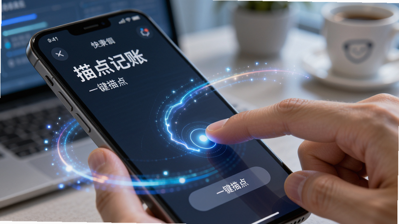主体展示“描点记账”的交互过程,画面中心是一个手指正在手机屏幕上进行滑动描点操作,周围环绕着动态的光效轨迹,背景虚化以突出前景,风格科技感与亲和力并存,细节丰富,画质清晰,干净无多余元素,文字内容包含“快速记录”、“一键描点”