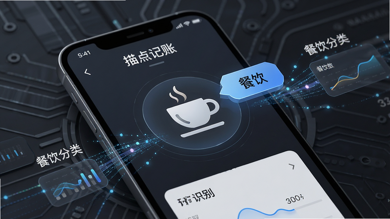 主体为“描点记账”的智能分类界面,屏幕中央显示一个咖啡杯图标,旁边弹出“餐饮”分类标签,周围有数据流动的视觉效果,背景为深灰色科技感风格,细节精致,画质高清,干净无多余元素,文字内容包含“智能识别”、“餐饮分类”
