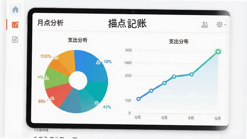 主体为“描点记账”的财务图表界面,展示了一个彩色的饼图和一条上升的趋势线,背景为白色简约风格,图表色彩鲜艳且区分度高,细节清晰,画质高清,干净无多余元素,文字内容包含“月度分析”、“支出分布”