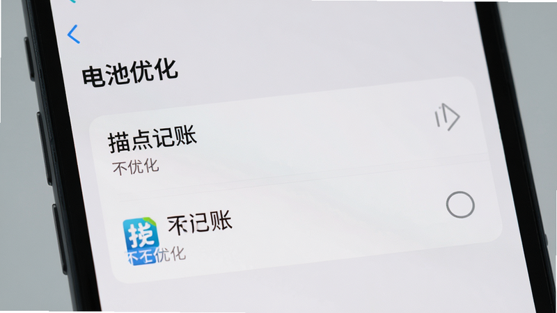 主体为手机设置界面,显示“电池优化”选项,其中“描点记账”被标记为“不优化”,背景为柔和的灰色调,界面元素清晰,风格简洁现代,细节准确,画质高清,干净无多余元素,文字内容包含“电池优化”、“描点记账”、“不优化”