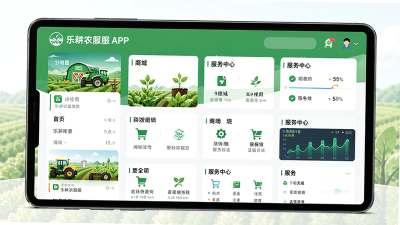 主体为乐耕农服APP界面全景图,布局清晰展示首页、商城、服务中心等核心模块,排版整洁有序,风格为现代扁平化科技风,细节体现绿色农业元素与数字化图表,画质高清,干净无多余元素