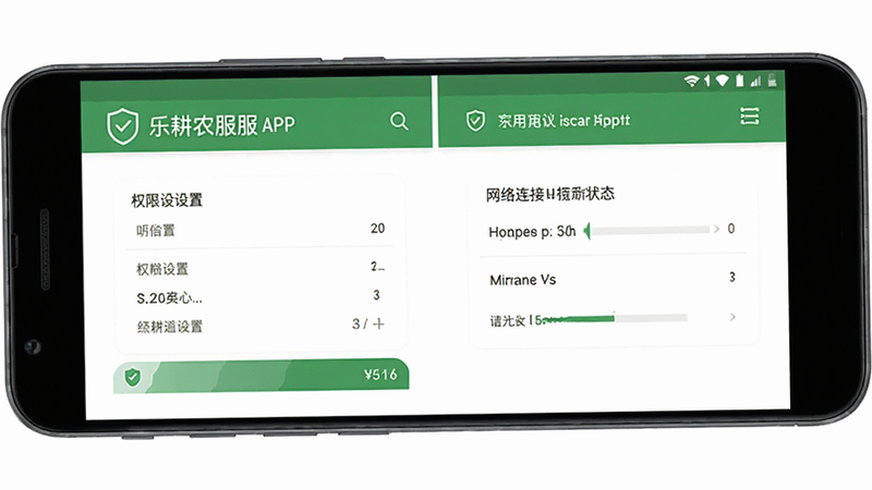 主体为乐耕农服APP在安卓手机上的操作界面,布局展示权限设置与网络连接状态,排版简洁直观,风格为实用主义科技风,细节包含绿色安全盾牌图标,画质清晰,干净无多余元素