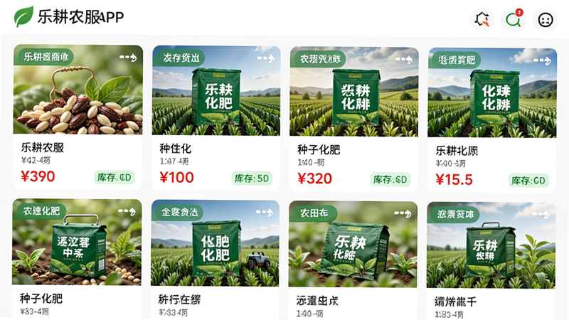 主体为乐耕农服APP农资商城页面,布局展示多种种子化肥商品卡片,排版采用网格化设计,风格为清新自然的电商风,细节包含价格标签与库存状态,画质清晰,干净无多余元素