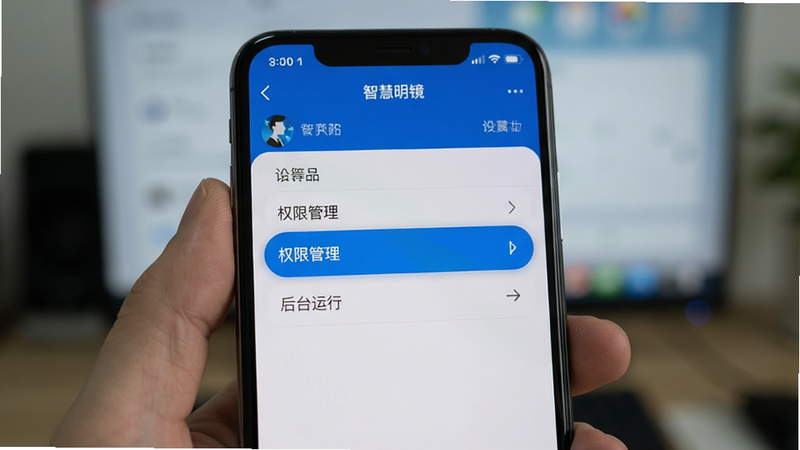 智能手机屏幕显示“智慧明镜”APP的设置界面,高亮显示“权限管理”和“后台运行”选项,背景虚化,突出操作重点,风格简洁实用,高清细节