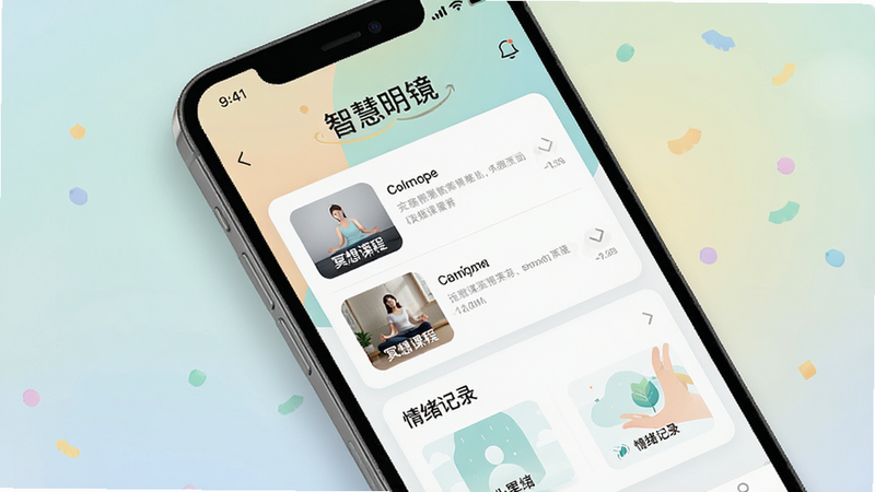 一张简洁优雅的移动端APP界面展示图,主体为手机屏幕显示“智慧明镜”应用首页,背景为柔和的渐变色,包含冥想课程列表和情绪记录入口,风格清新治愈,扁平化设计,高清画质,无多余装饰文字