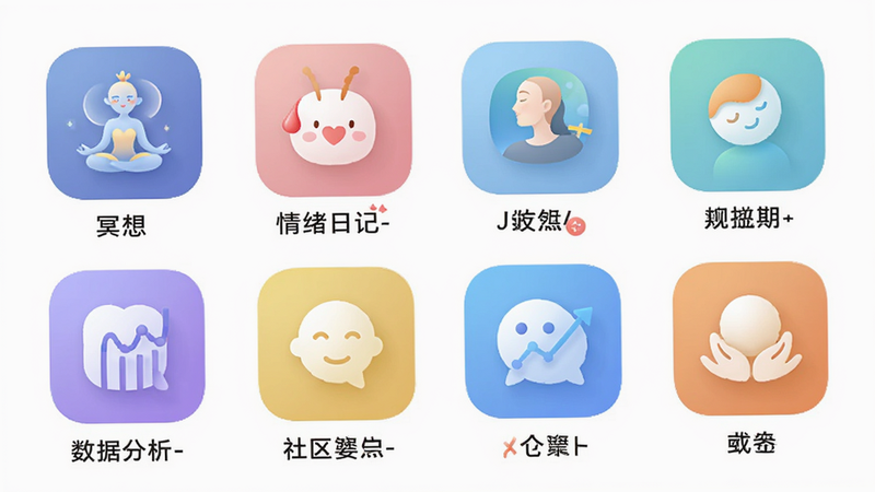 智慧明镜APP的功能图标集合展示,包含冥想、情绪日记、数据分析、社区四个核心模块的图标,排列整齐,背景为纯白色,图标设计简约现代,色彩柔和,清晰度高,无文字干扰