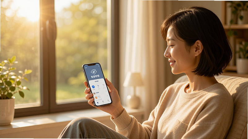 一个人坐在窗边,手持手机正在使用“智慧明镜”APP,窗外阳光明媚,室内氛围温馨宁静,人物表情放松愉悦,画面构图平衡,色彩柔和,高清摄影风格