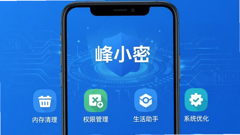 峰小密安卓APP主界面预览图,展示简洁清爽的蓝色科技风背景,中央显示“峰小密”Logo,下方排列着四个功能图标:内存清理、权限管理、生活助手、系统优化,布局整齐,高清矢量风格,无多余元素,画质清晰