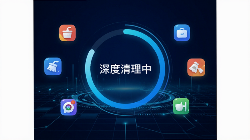 峰小密内存清理功能演示图,显示一个圆环进度条正在快速填充,周围环绕着被清理的应用图标,背景为深蓝色科技感网格,文字标注“深度清理中”,风格现代简洁,高清晰度