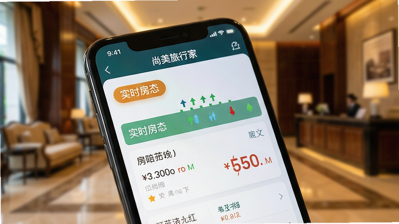 手机界面特写,展示“尚美旅行家”APP的房间详情页,突出“实时房态”标签和价格信息,背景虚化显示酒店大堂场景,色调温馨,布局紧凑,细节丰富,画质高清,无水印