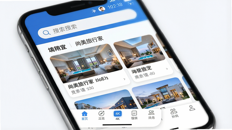 一张高清手机屏幕预览图,主体为“尚美旅行家”APP首页界面,布局清晰,顶部显示搜索栏,中部展示酒店卡片列表,底部为导航栏,风格现代简约,蓝色与白色为主色调,细节清晰,画质4k,干净无多余元素