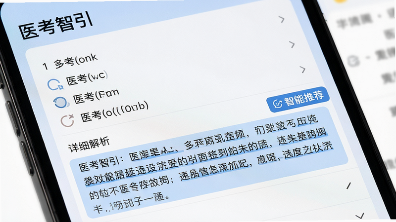 手机屏幕特写,显示“医考智引”题库界面,一道多选题下方展开详细解析文字,解析部分用浅蓝色背景高亮,旁边有一个“智能推荐”标签,界面整洁,字体清晰,高清,无多余元素