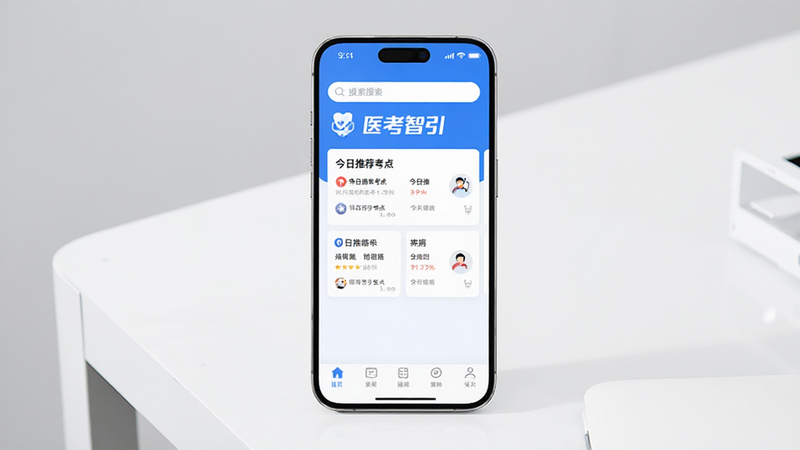 一部现代智能手机垂直放置在白色极简桌面上,屏幕中央清晰显示“医考智引”APP主界面,界面顶部有搜索栏,中间展示“今日推荐考点”卡片,底部是导航栏,整体风格为医疗蓝白色调,高清,干净,无多余元素
