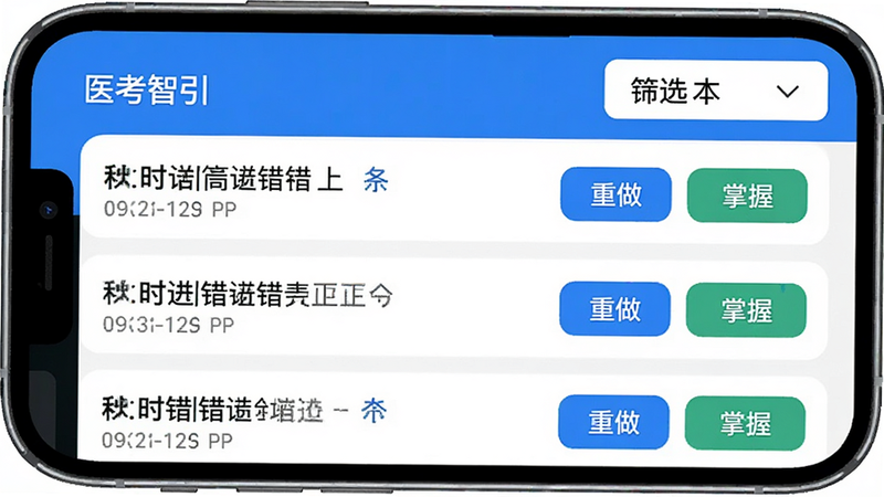手机屏幕显示“医考智引”错题本页面,列表展示几道错题,每条记录右侧有“重做”和“掌握”按钮,顶部有筛选下拉菜单,界面设计简洁现代,蓝色主色调,高清,干净,无多余元素