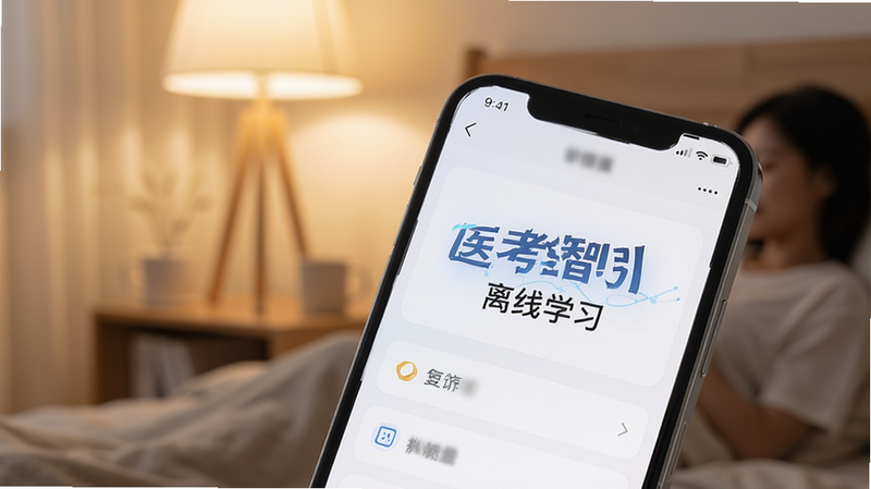 手机侧面视角,屏幕显示“医考智引”离线学习页面,背景为柔和的室内光线,暗示用户正在休息时学习,屏幕亮度适中,界面清晰,高清,干净,无多余元素