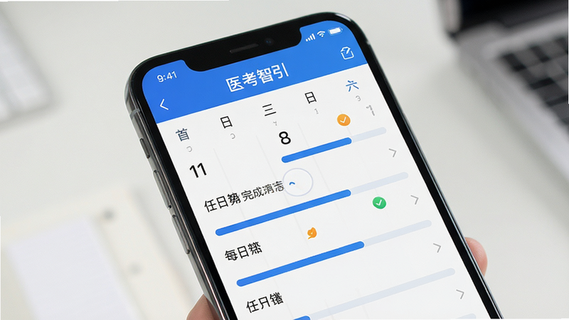 手机屏幕显示“医考智引”学习计划日历,标记了每日任务完成情况,界面简洁,蓝色进度条清晰,高清,干净,无多余元素