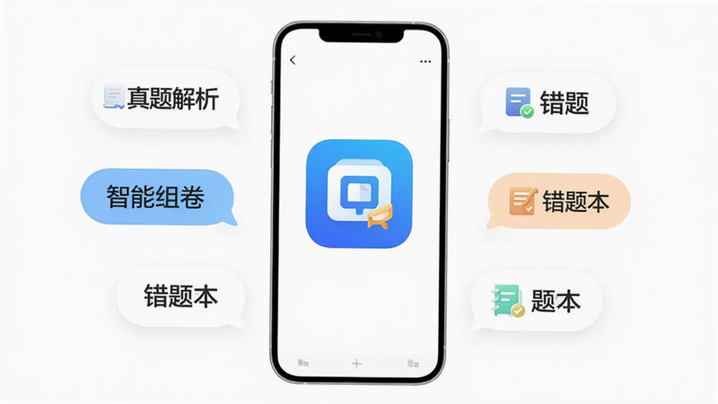 一二级计量师准题库手机APP界面全景,白色背景,中心展示APP主图标,周围环绕着“真题解析”、“智能组卷”、“错题本”等气泡标签,风格现代简约,高清,干净,无多余元素