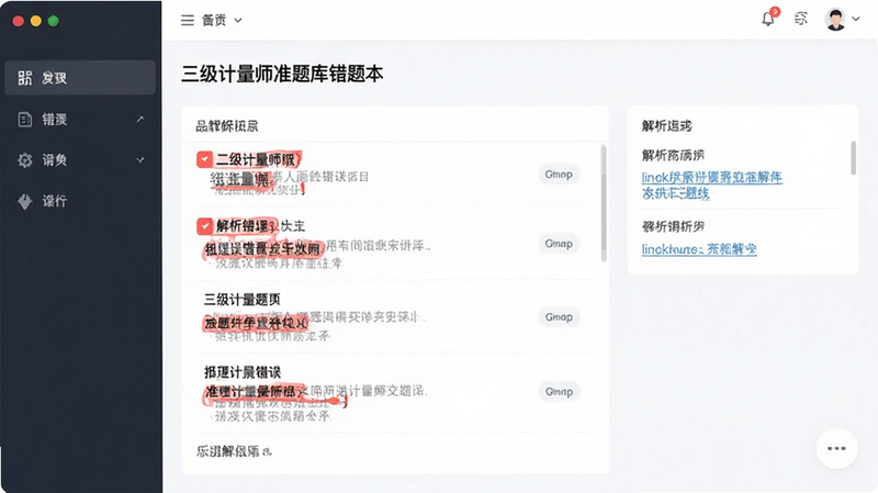 一二级计量师准题库错题本界面,红色标记错误题目,旁边显示解析链接,简洁扁平化设计,白色背景,高清,干净