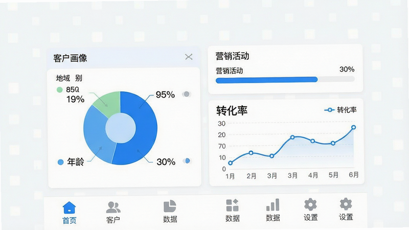 画面主体为名为“智慧营销”的安卓应用界面全景图,采用扁平化UI设计风格。左侧显示“客户画像”数据卡片,包含年龄、性别、地域分布的饼图;右侧展示“营销活动”进度条与转化率折线图。底部导航栏清晰可见“首页”、“客户”、“数据”、“设置”四个图标。整体色调以科技蓝与白色为主,背景干净无杂乱元素,文字清晰可读,高清矢量风格,无多余装饰,专业商务质感。